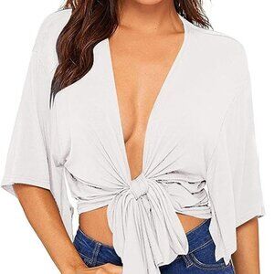 Women's Short Sleeve Deep V Neck Tie Front Basic Solid Crop Top